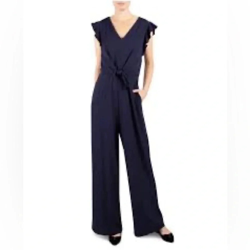 Navy Ruffle Sleeve Jumpsuit Tie Waist Wide Leg Elegant Workwear Evening Cocktail